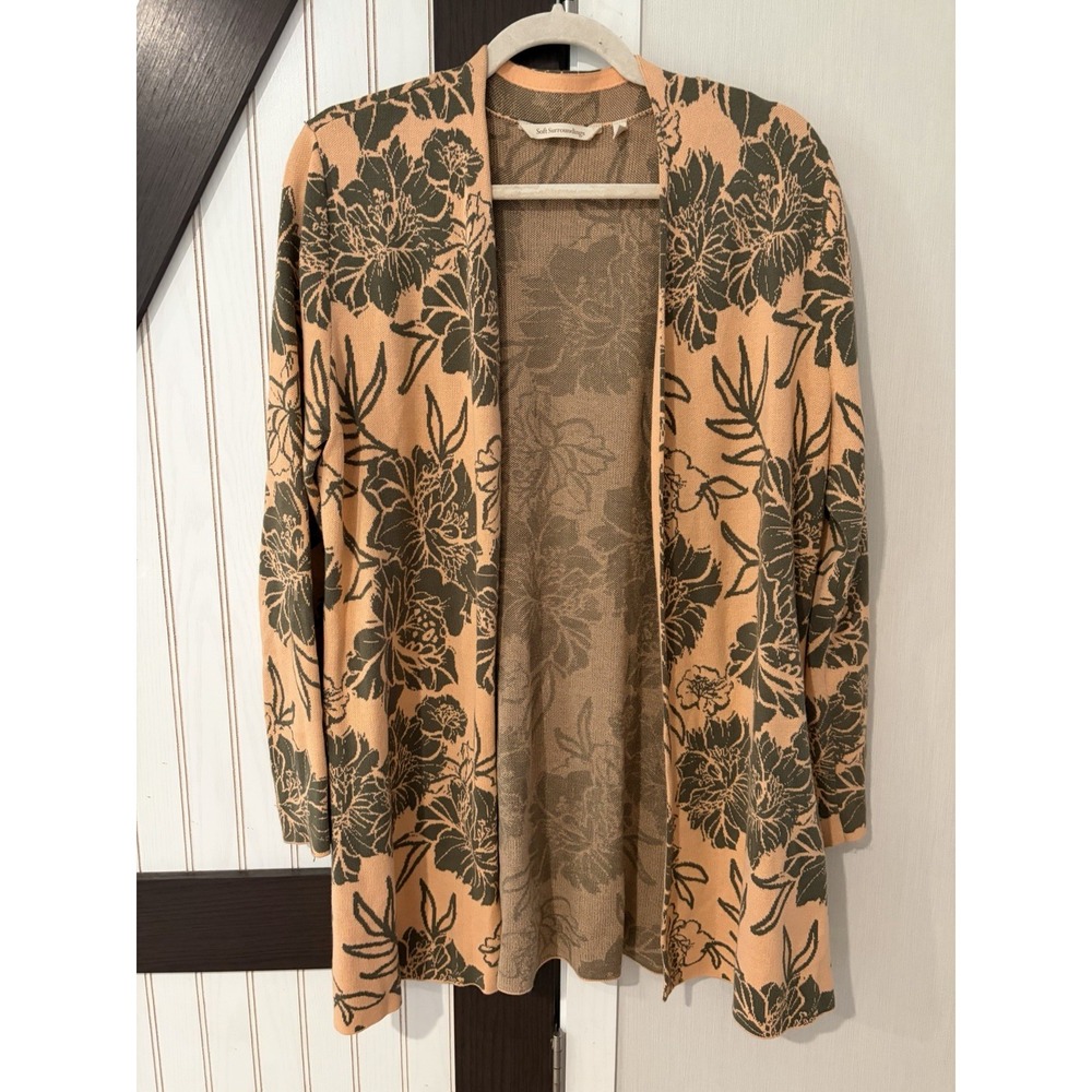 Soft Surroundings Orange Peach Green Floral Open Front Cardigan Size Medium